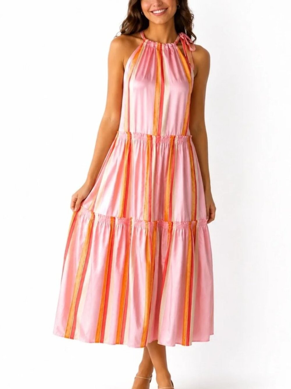 CLUB MONACO Dress 100% Silk Tiered Midi Amirra Robe Pink Mix Size 2 NEW